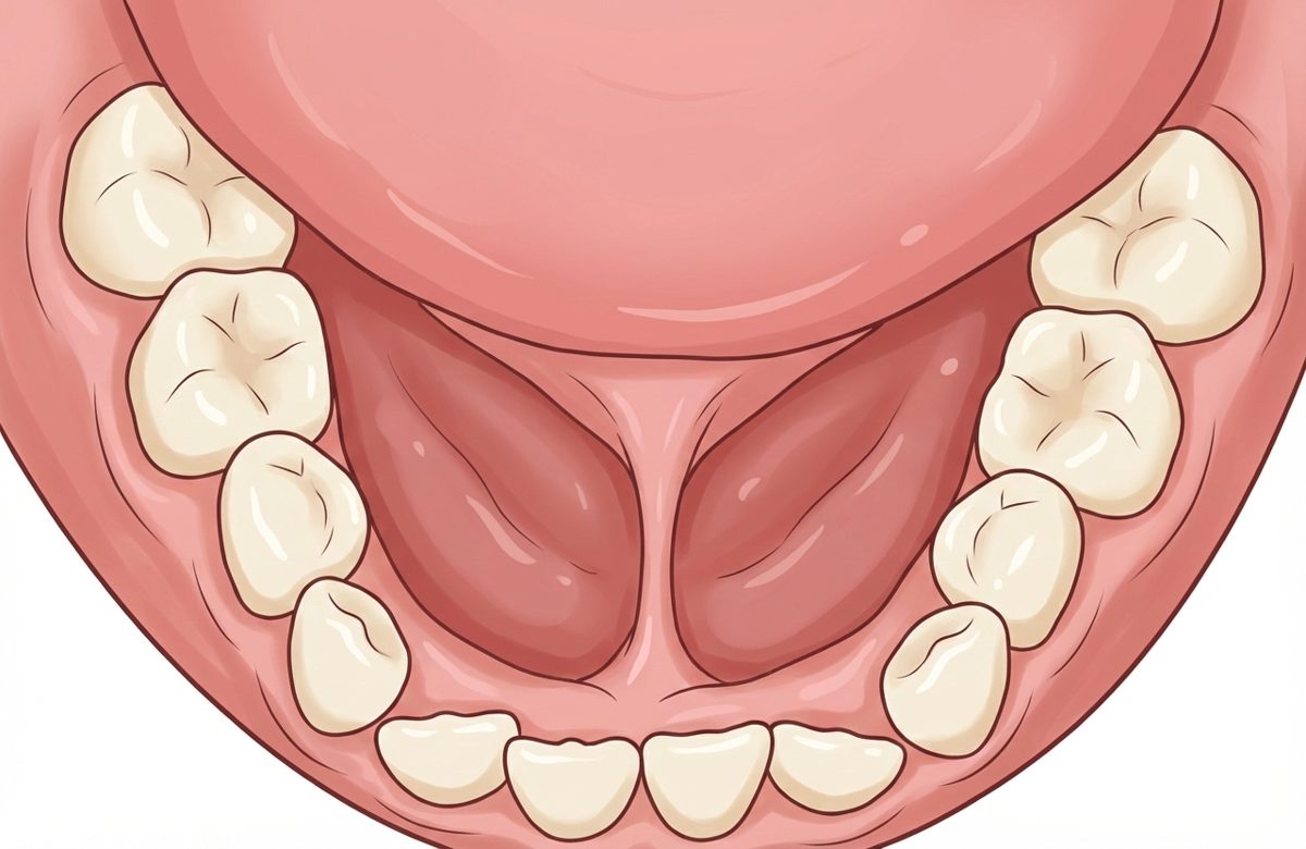 Illustration : bouche ouverte, langue relevée montrant le frein lingual